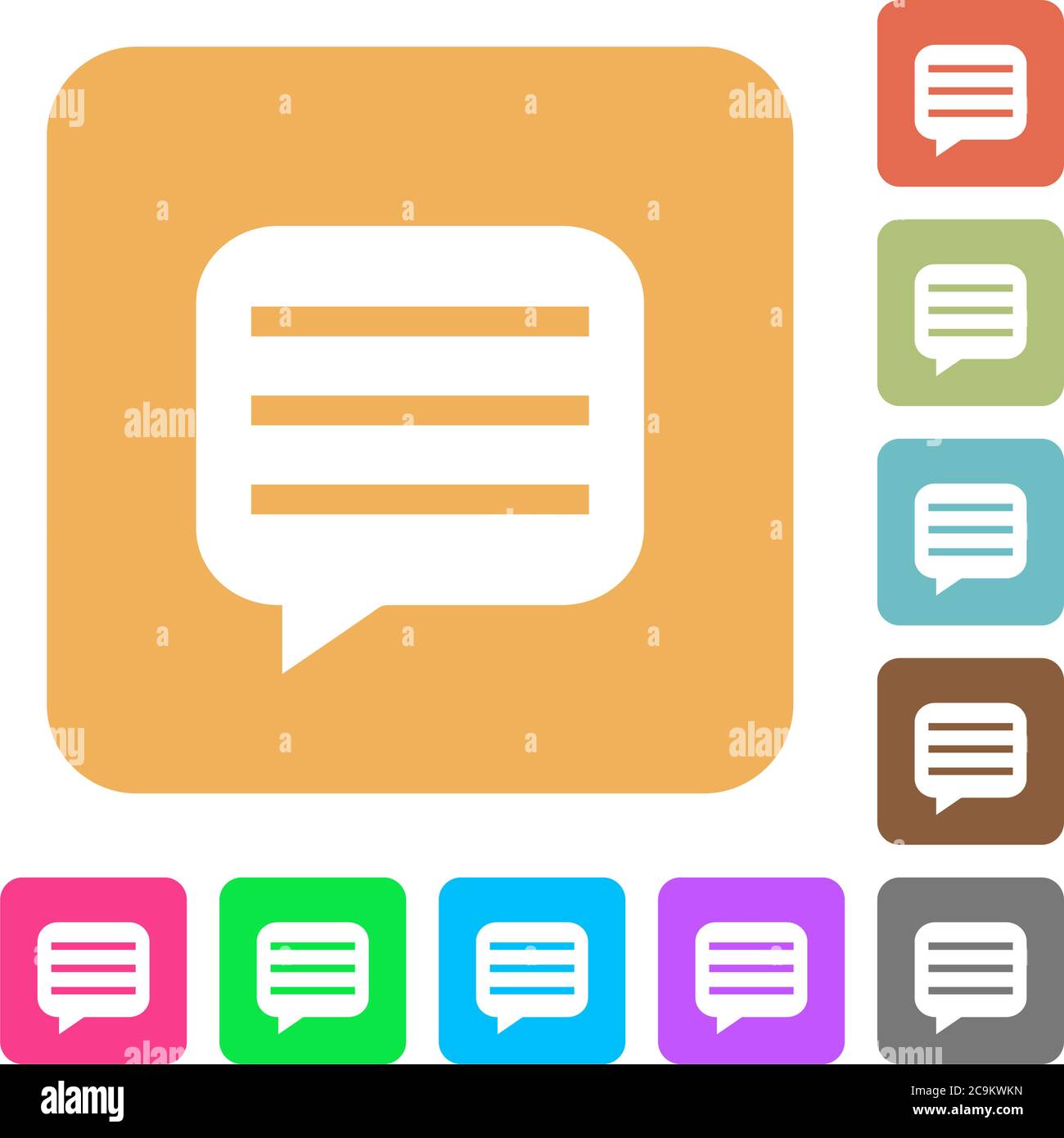 Message box with rows flat icons on rounded square vivid color backgrounds. Stock Vector