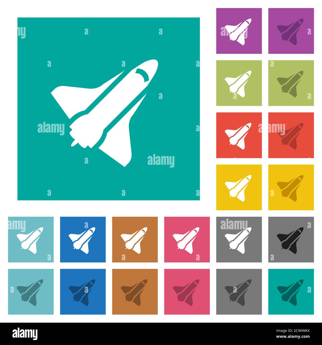 Space shuttle multi colored flat icons on plain square backgrounds. Included white and darker icon variations for hover or active effects. Stock Vector