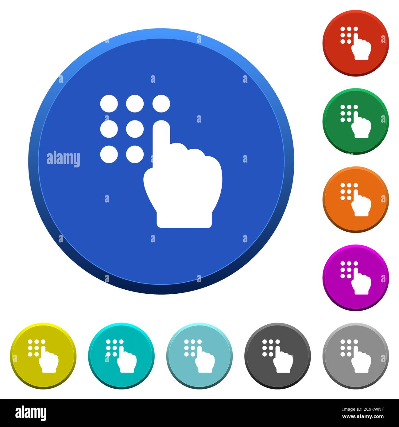 Typing security code round color beveled buttons with smooth surfaces and flat white icons Stock Vector
