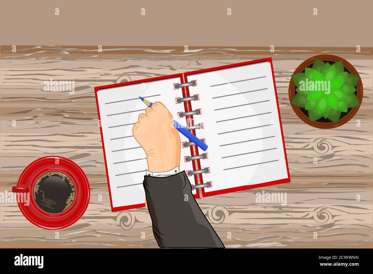 Top view male hand, notebook, work desk with coffee and flower pot