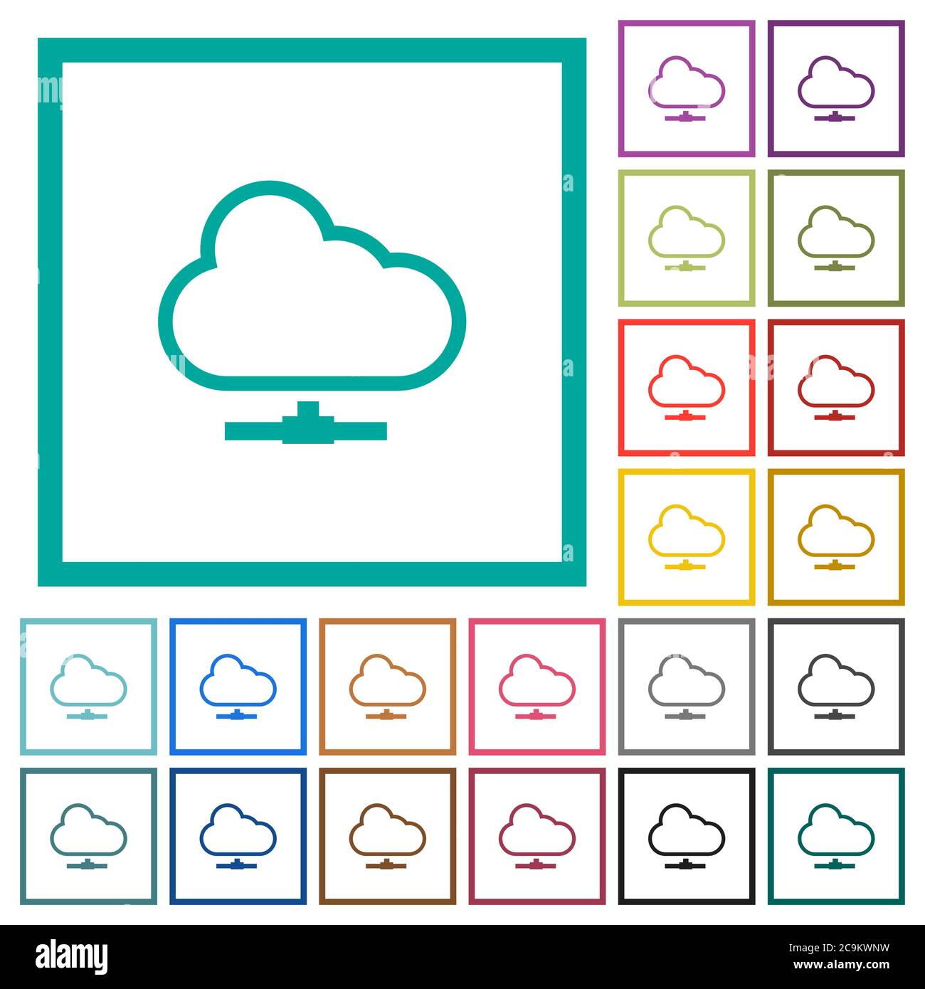 Cloud network flat color icons with quadrant frames on white background Stock Vector