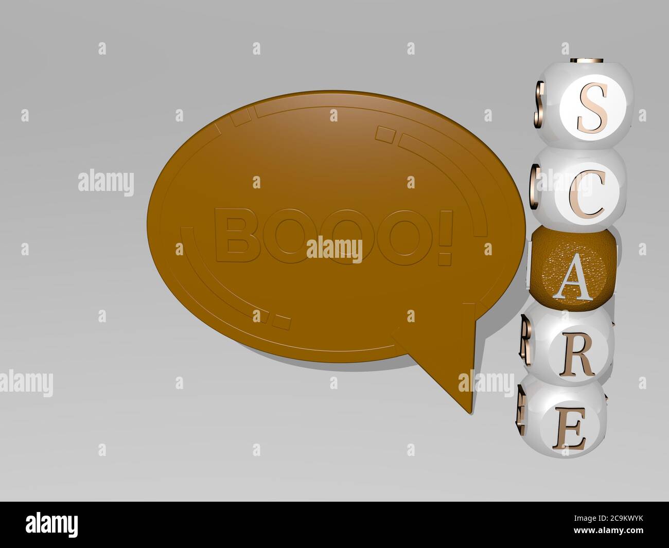 3D illustration of SCARE graphics and text around the icon made by metallic dice letters for the related meanings of the concept and presentations. background and halloween Stock Photo