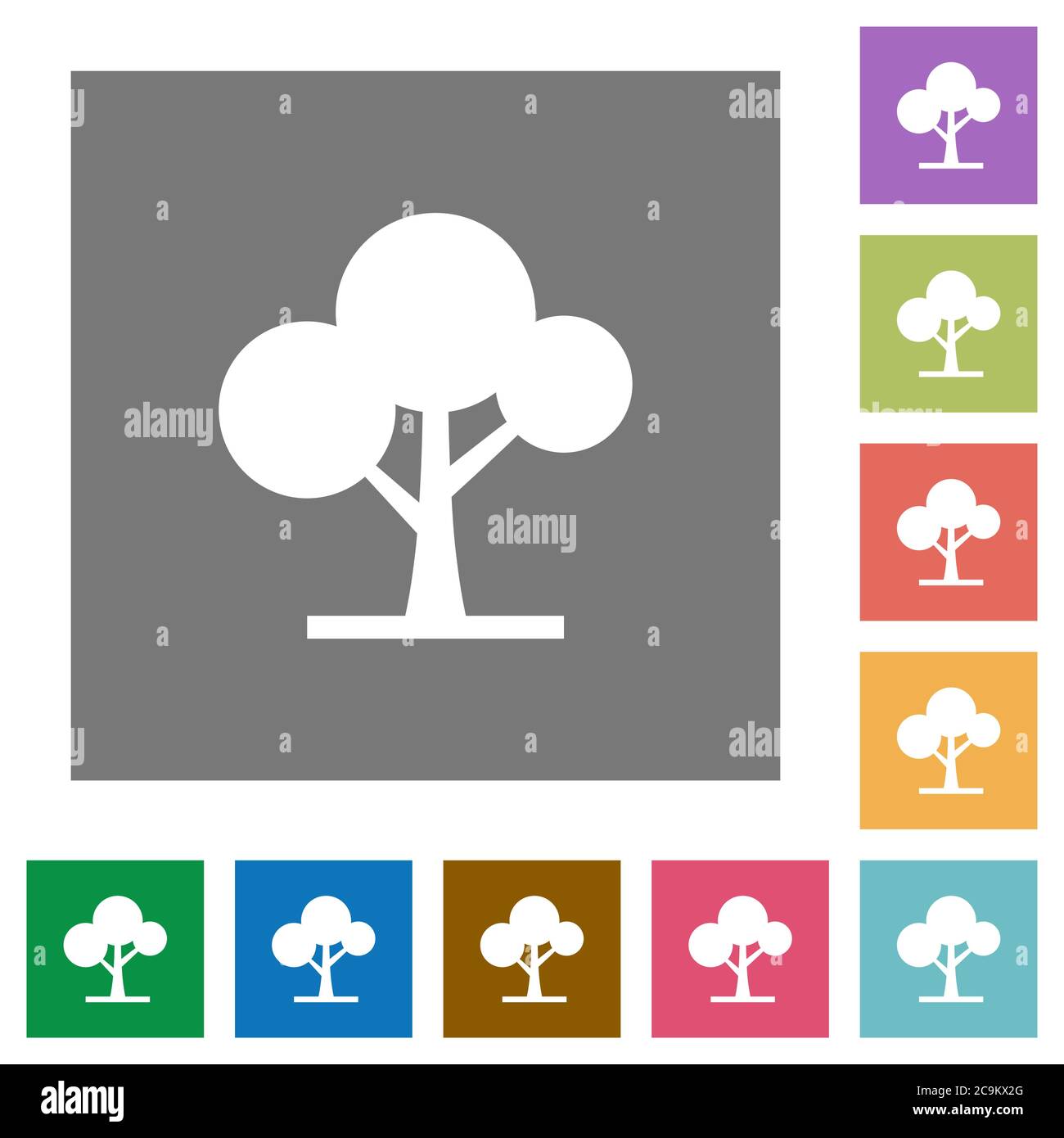 Leafy tree flat icons on simple color square backgrounds Stock Vector
