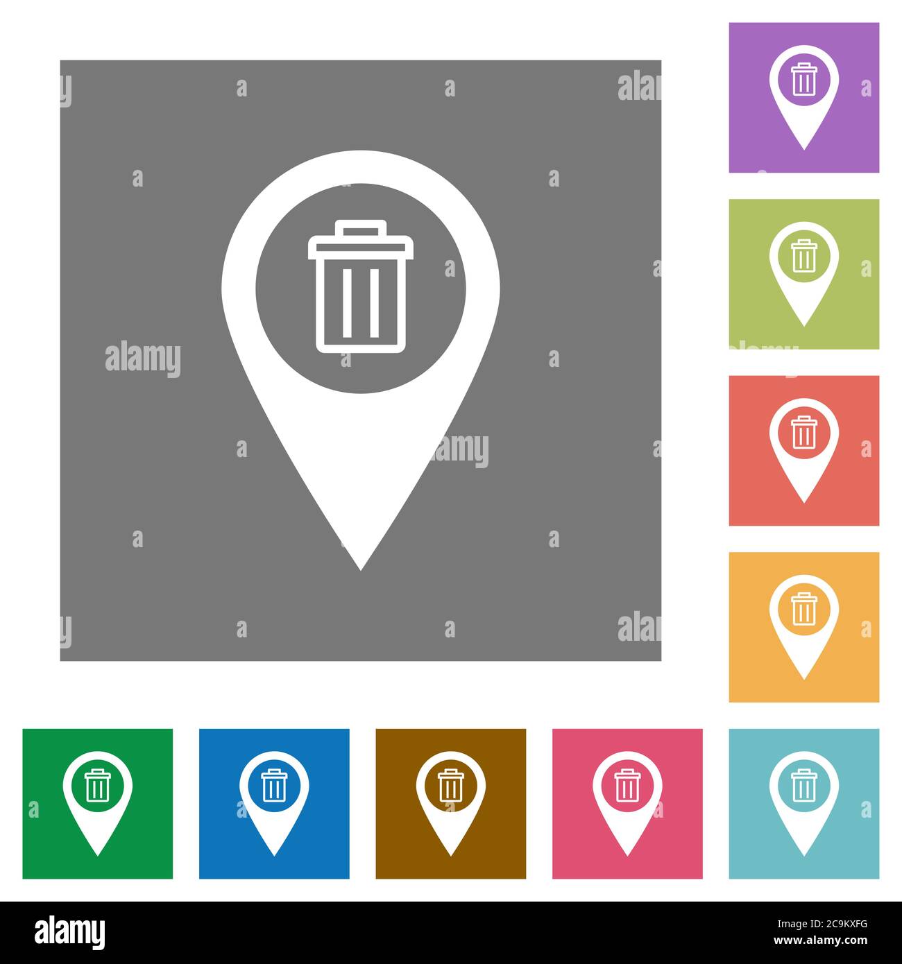 Delete GPS map location flat icons on simple color square backgrounds Stock Vector