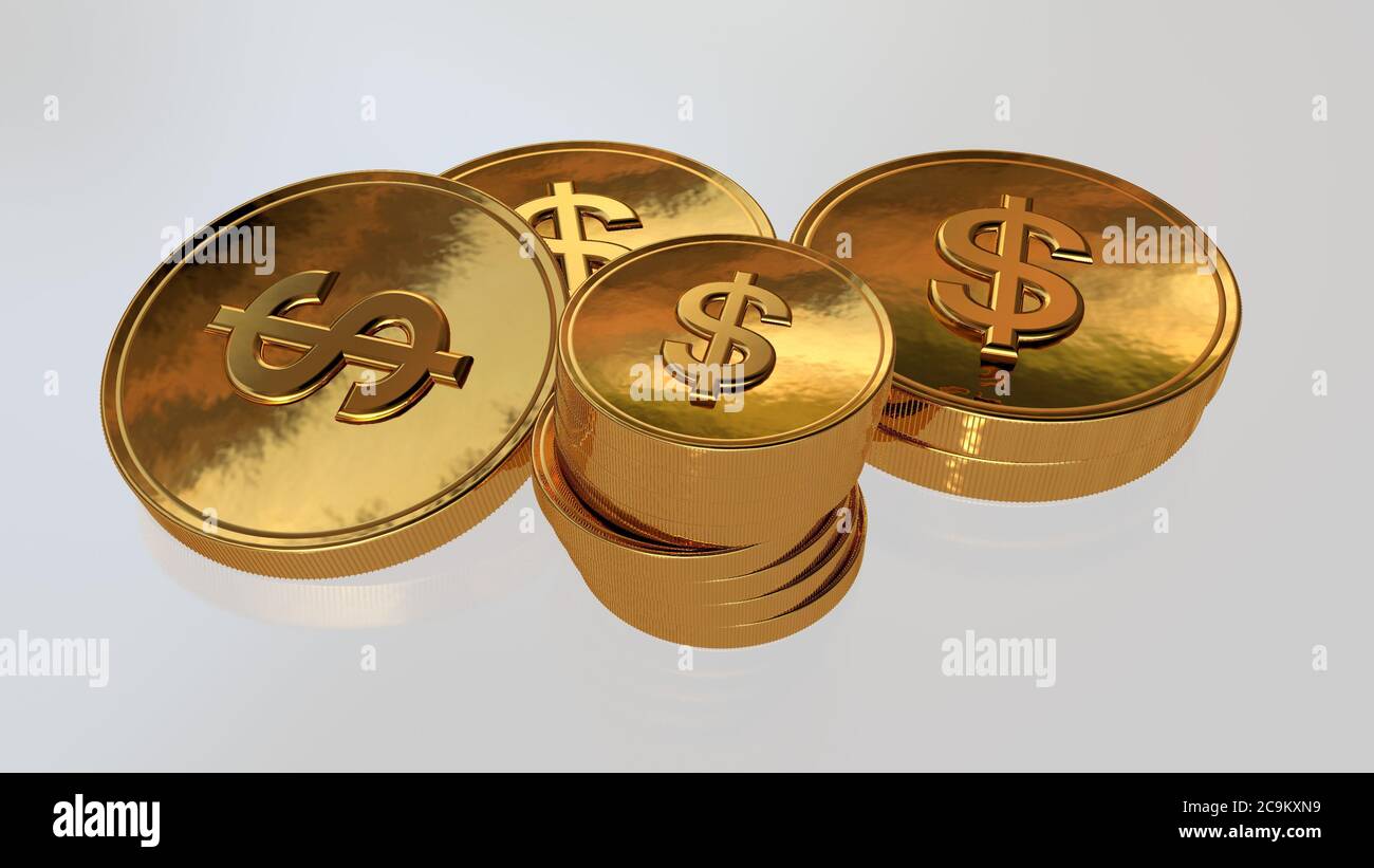 Gold coin with dollar sign. Realistic on table background 3D rendering ...