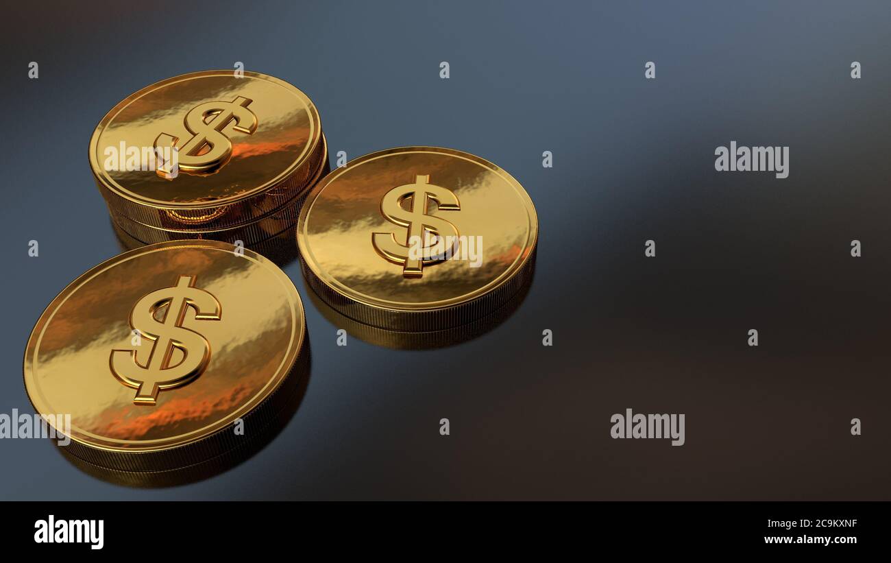 Gold coin with dollar sign. Realistic on table background 3D rendering ...