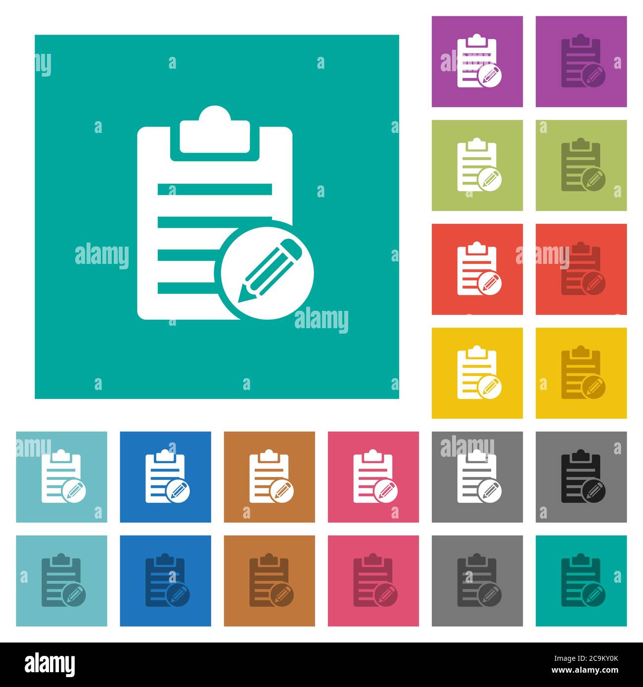 Edit note multi colored flat icons on plain square backgrounds. Included white and darker icon variations for hover or active effects. Stock Vector