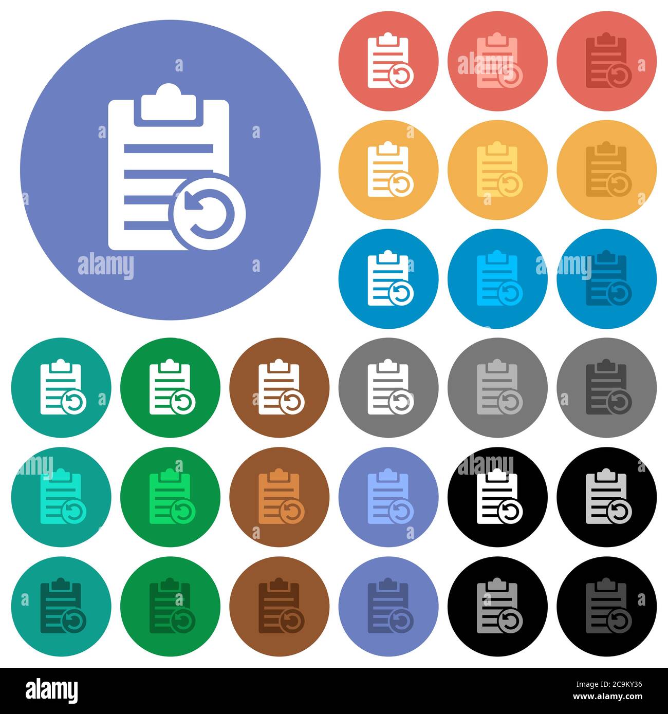 Undo note changes multi colored flat icons on round backgrounds. Included white, light and dark icon variations for hover and active status effects, a Stock Vector