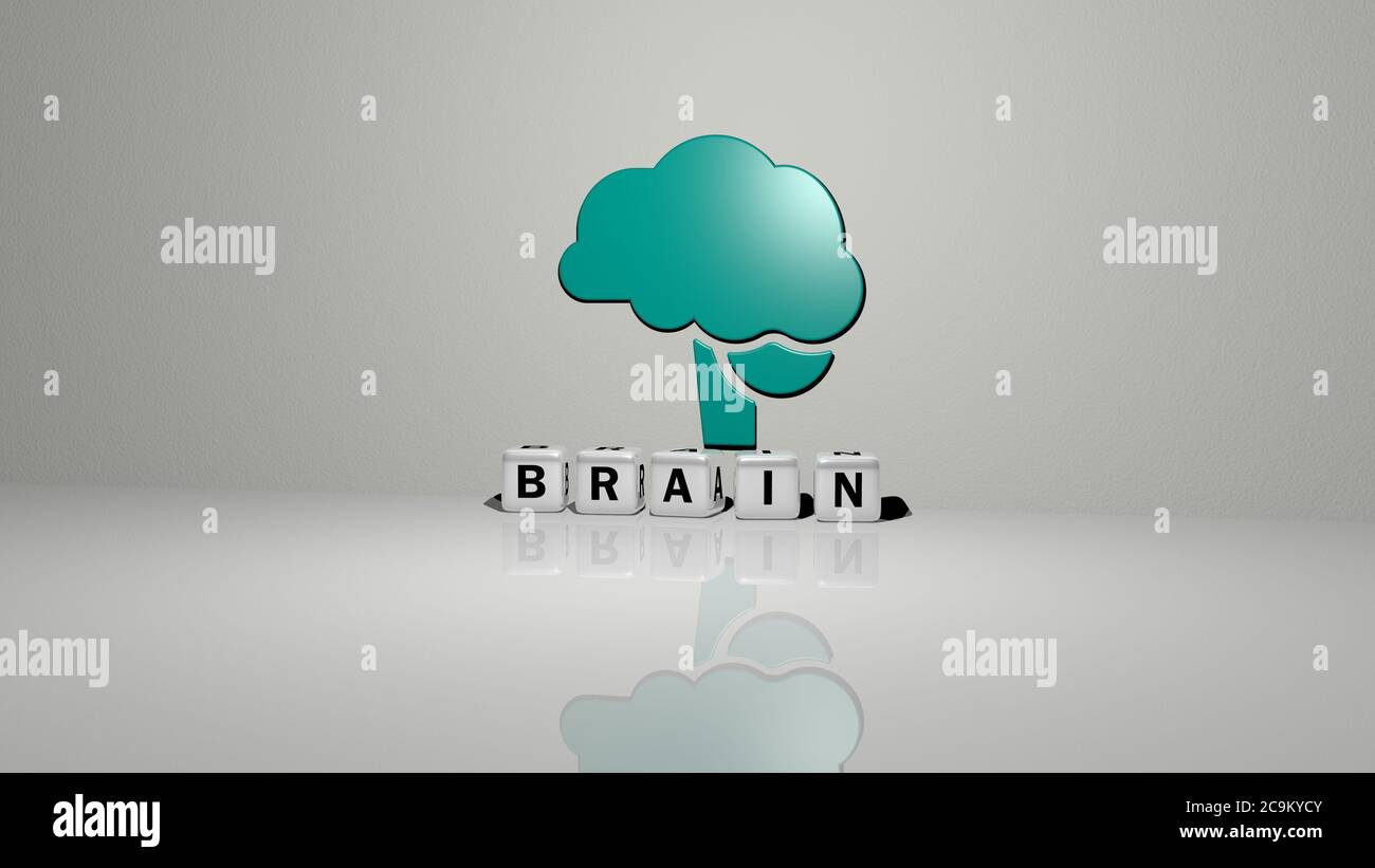 3D representation of brain with icon on the wall and text arranged by ...