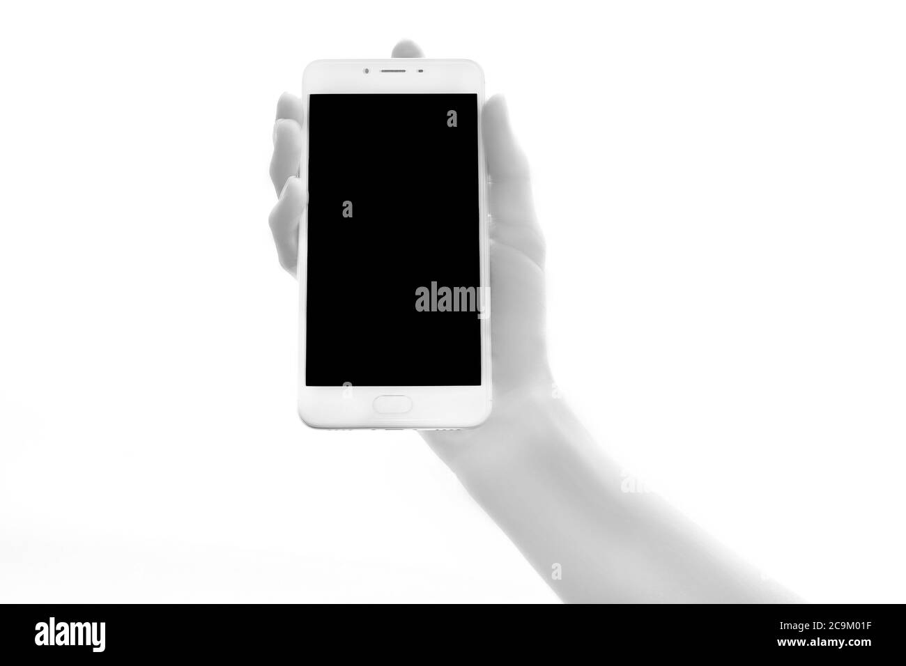 Human bionic hands holding electronic device on white background. Artificial intelligence futuristic concept Stock Photo