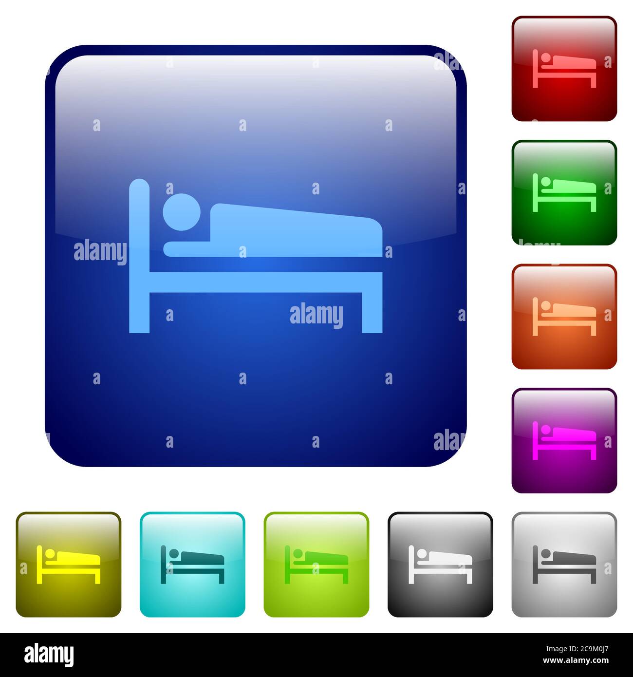 Sleeping man icons in rounded square color glossy button set Stock Vector