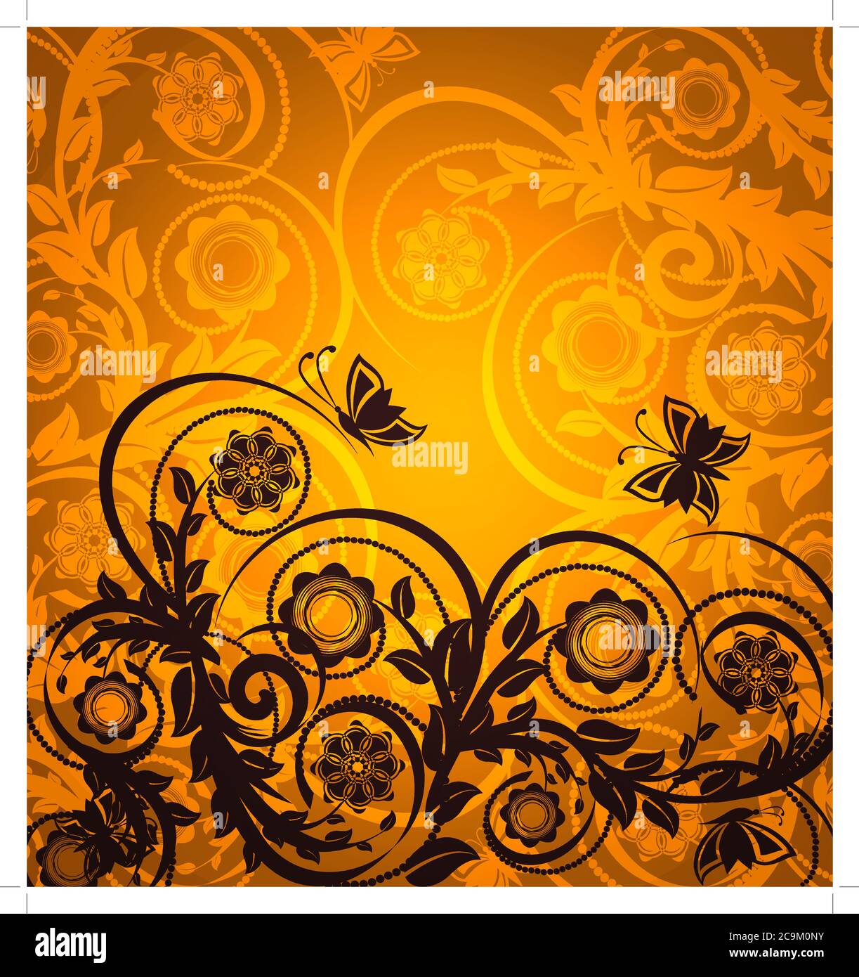 vector illustration of an orange floral ornament with butterfly Stock ...