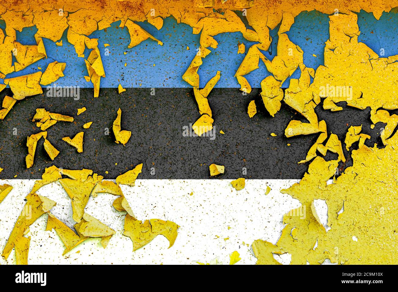 The national flag of Estonia is painted on an old metal wall with ...