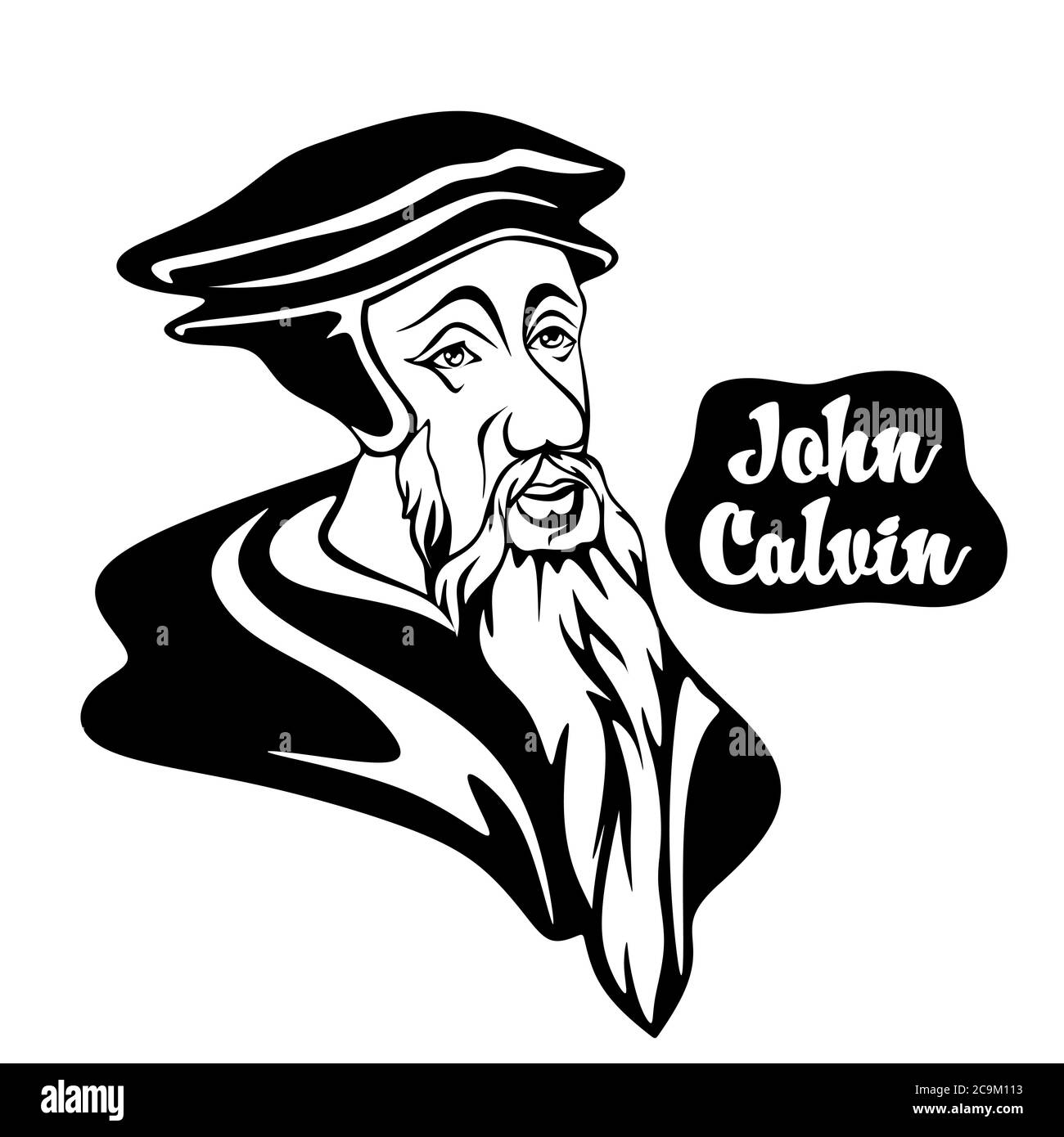 Cartoon on John Calvin. One of the leaders of the European Christian Reformation. Stock Vector