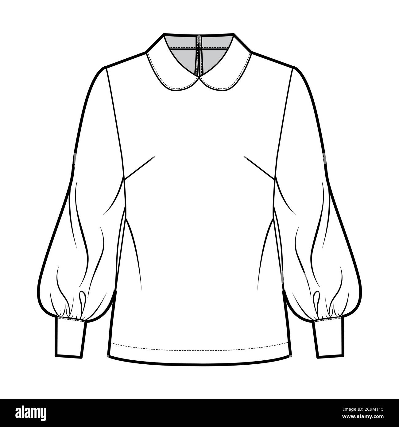 Long bishop sleeve blouse technical fashion illustration with round collar, back button-fastening keyhole. Flat shirt apparel template front, white color. Women, men unisex top CAD mockup Stock Vector