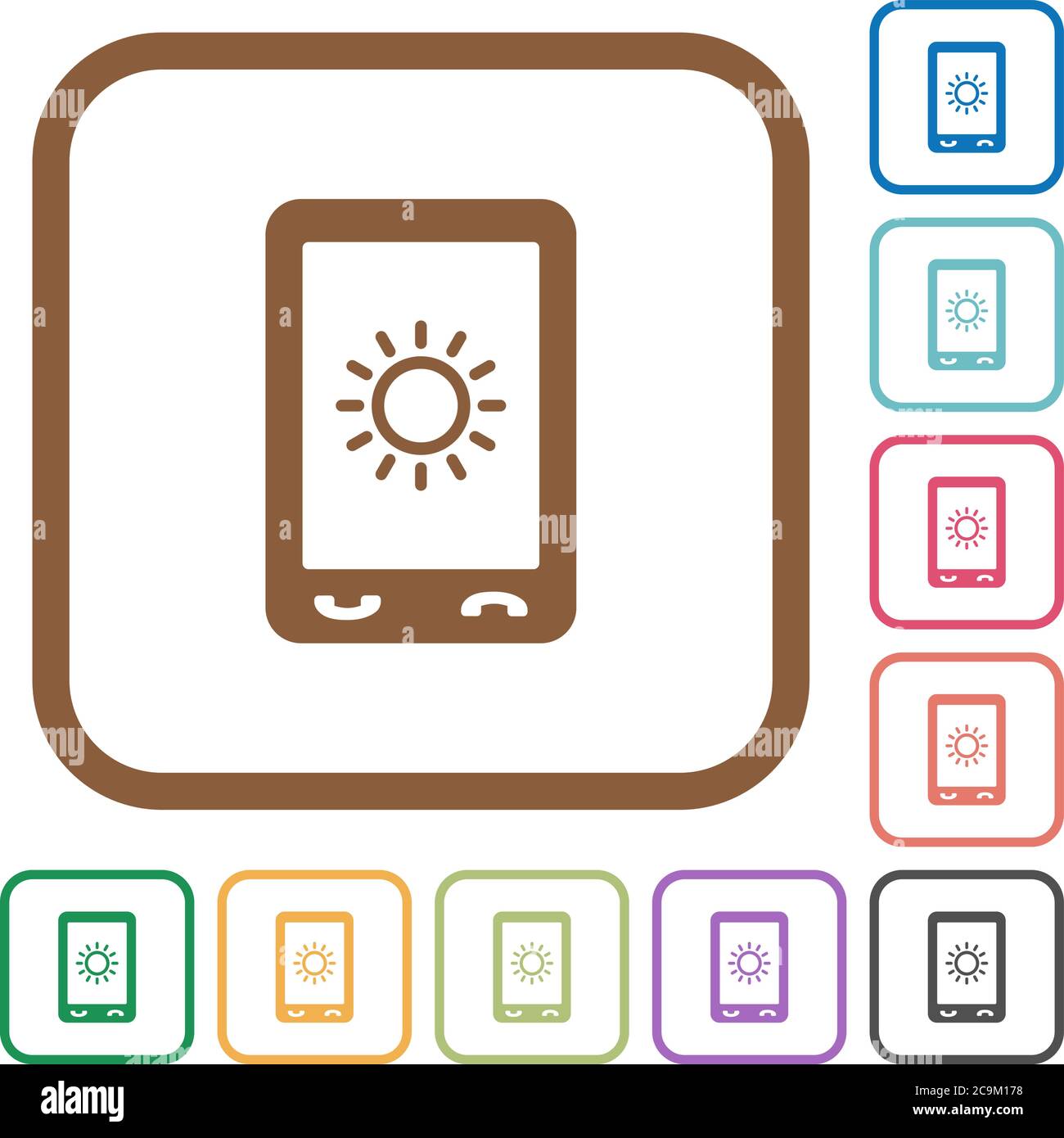 Mobile display brightness simple icons in color rounded square frames ...