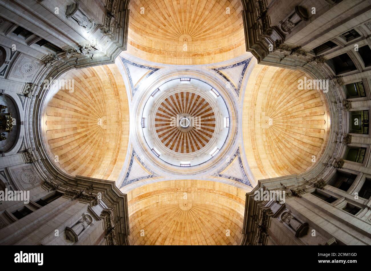 LISBON, PORTUGAL - FEBRUARY 2, 2019: Full interior view of the cross shaped ceiling and dome of Santa Engracia, church and portuguese national pantheo Stock Photo