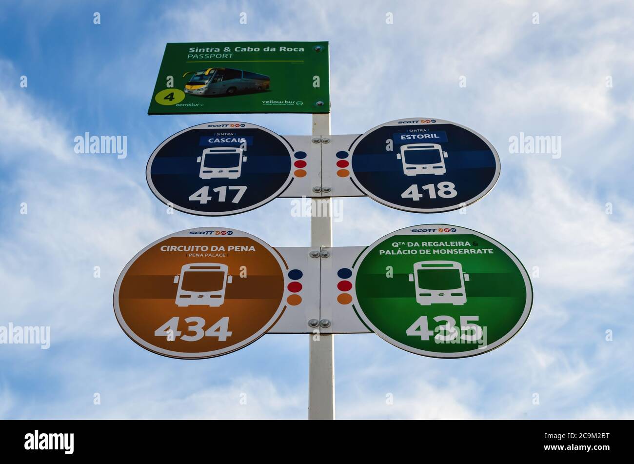 Sintra, Portugal February 5 2019: Bus stop sign in Sintra, Portugal, on february 5, 2019, with different lines for landmark and tourist destinations l Stock Photo