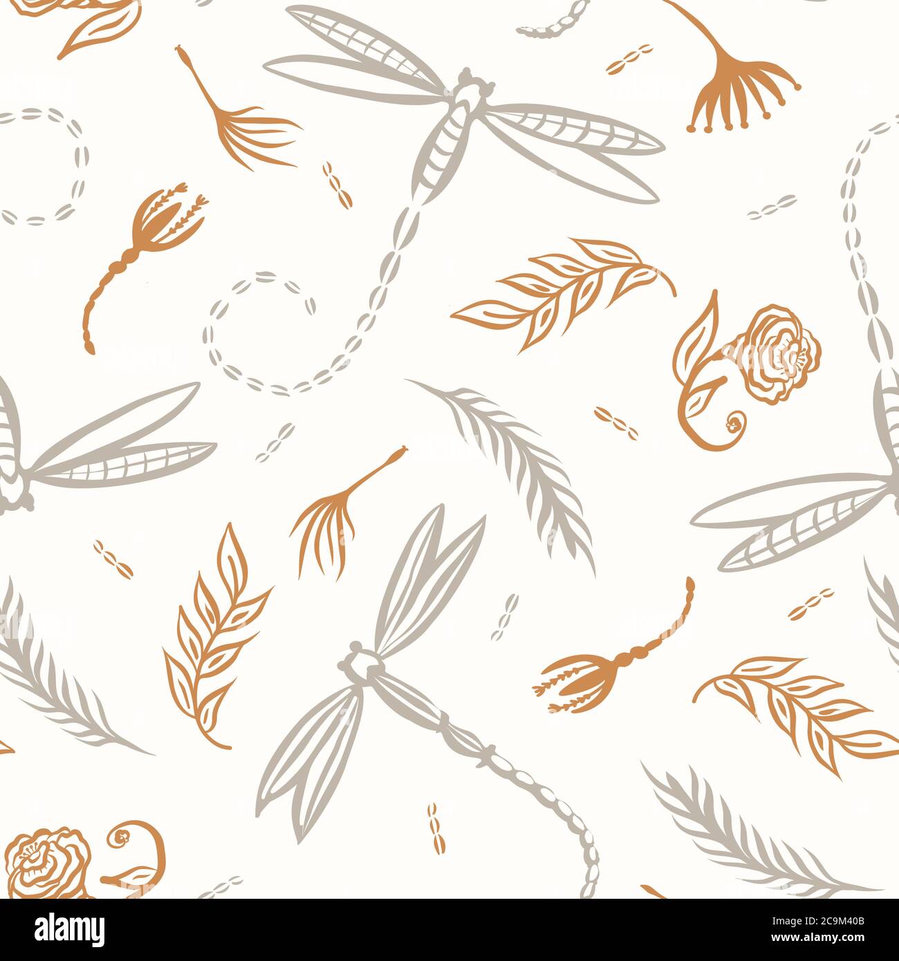 Seamless background dragonfly gender neutral baby pattern. Simple whimsical minimal earthy 2 tone color. Kids nursery wallpaper or boho insect animal Stock Vector