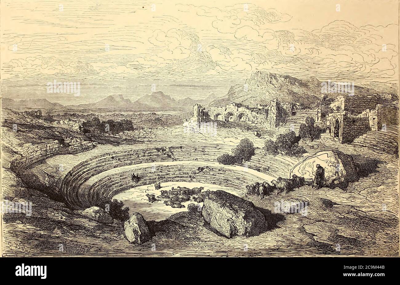 Ruines du théatre antique de Mérida [Ruins of the ancient theater of Merida] Page illustration from the book 'Spain' [L'Espagne] by Davillier, Jean Charles, barón, 1823-1883; Doré, Gustave, 1832-1883; Published in Paris, France by Libreria Hachette, in 1874 Stock Photo