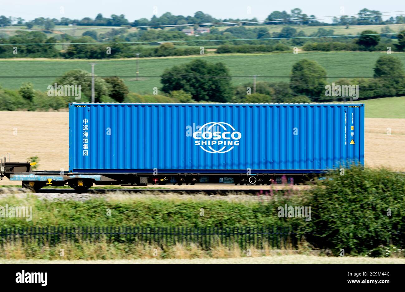 Cosco Shipping container on the West Coast Main Line, Northamptonshire