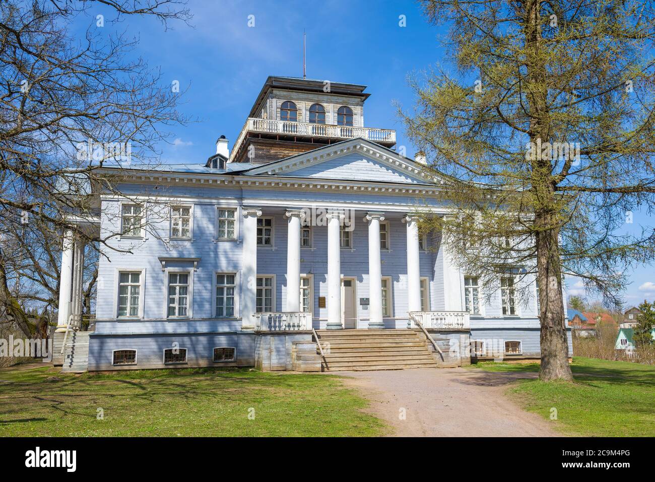 ROZHDESTVENO, RUSSIA - MAY 05, 2020: the Old main building of the estate of the Russian writer V. V. Nabokov in the Rozhdestveno on a Sunny may day Stock Photo
