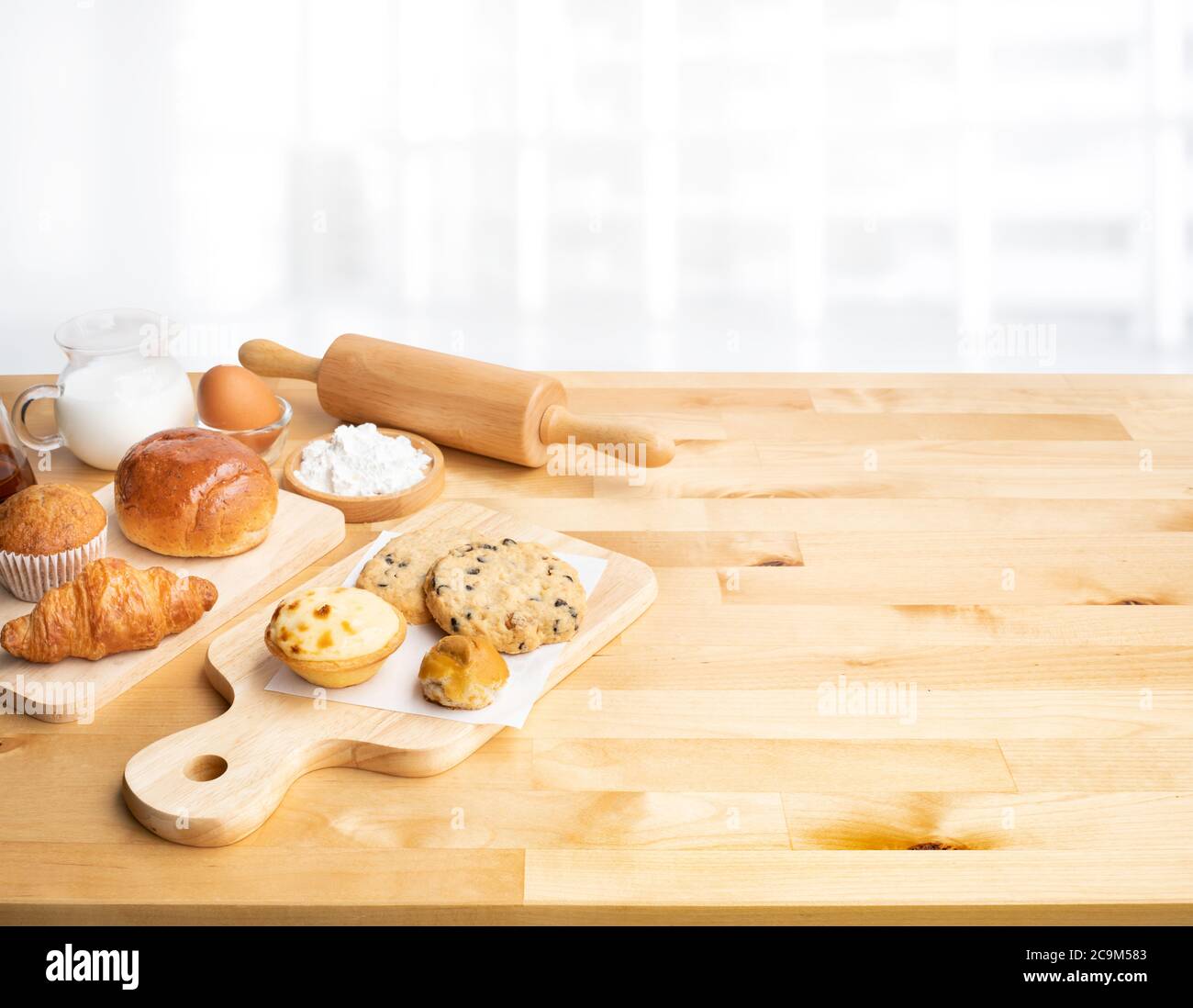 Set of breakfast food or bakery,cake on white table kitchen background
