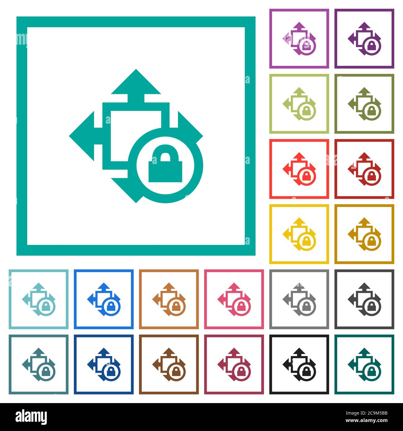 Size lock flat color icons with quadrant frames on white background Stock Vector