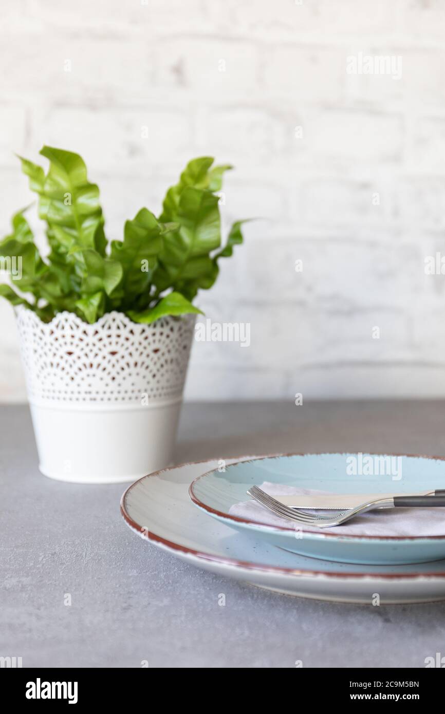 well-laid table with dishes and cutlery and a flowerpot Stock Photo