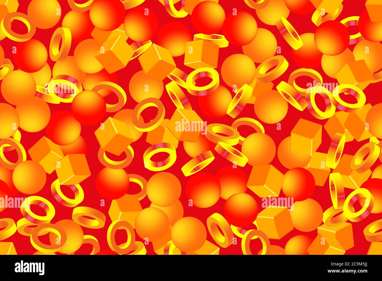 Golden Red Balls Cubes Rings Seamless Pattern, 3D Illustration Stock Vector