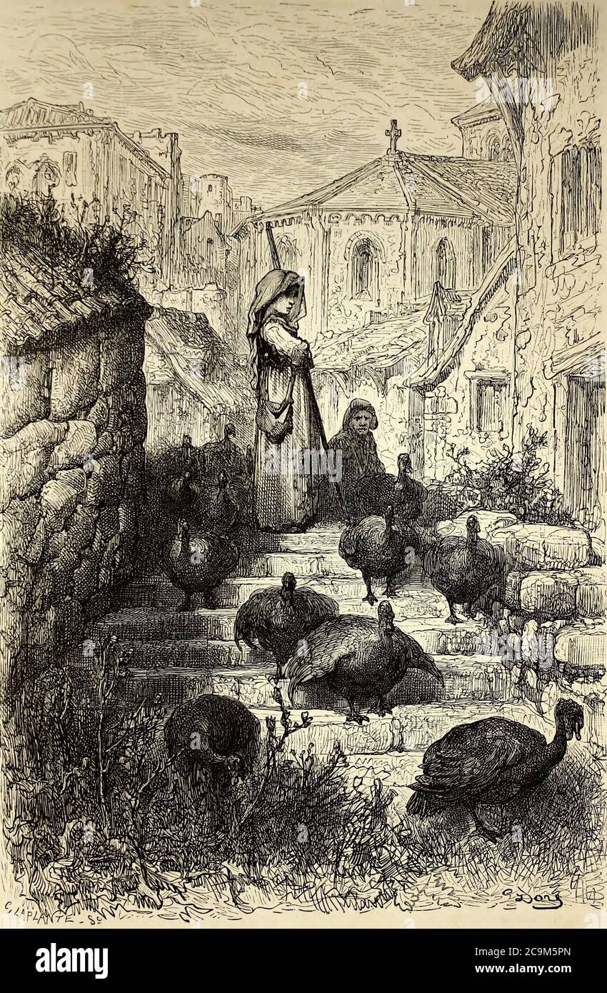 Une pavera (gardeuse de dindons), campagne de Salamanque [A pavera (turkey keeper), Salamanca countryside] Page illustration from the book 'Spain' [L'Espagne] by Davillier, Jean Charles, barón, 1823-1883; Doré, Gustave, 1832-1883; Published in Paris, France by Libreria Hachette, in 1874 Stock Photo
