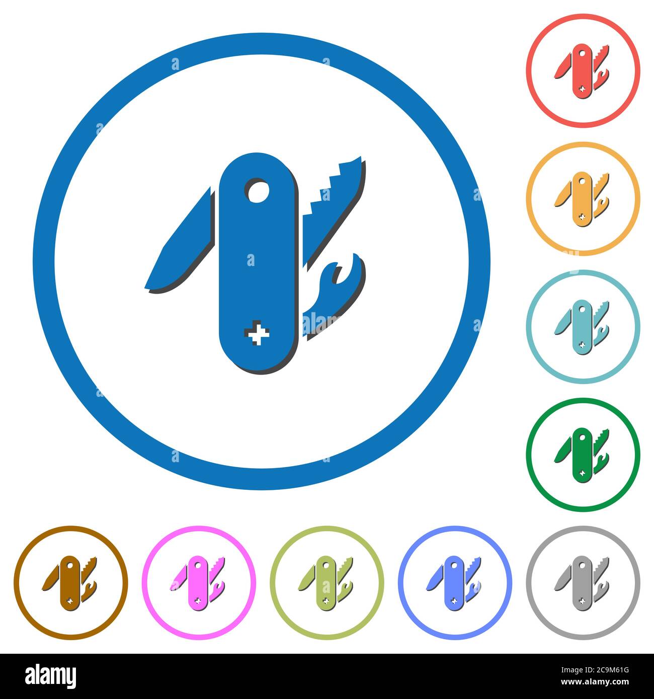 Swiss army knife flat color vector icons with shadows in round outlines ...