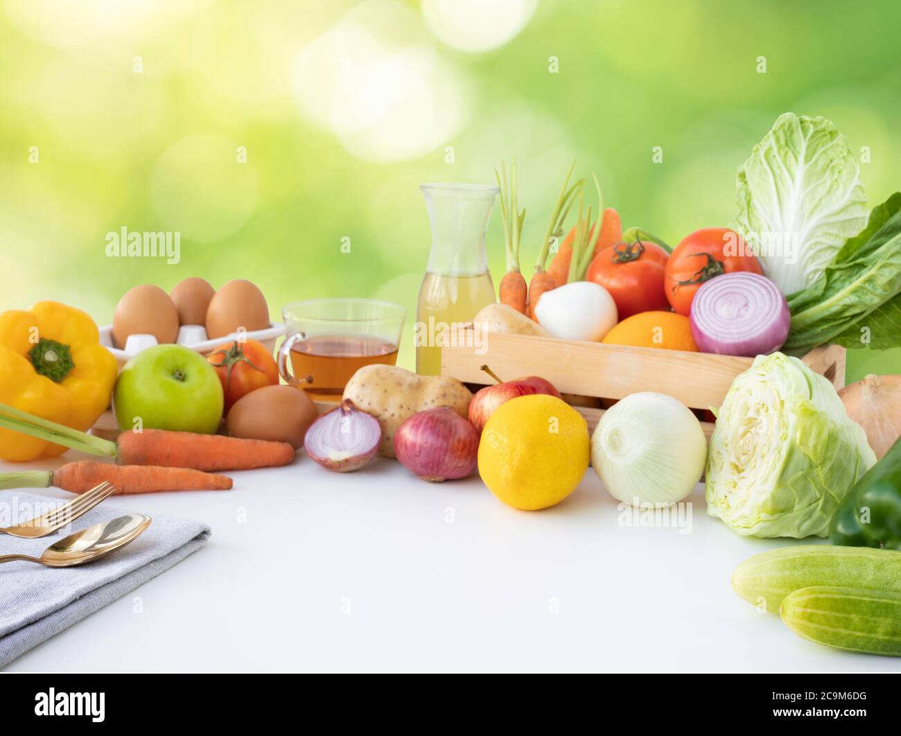 Set of variety vegetable with copy space of kitchen counter bar(table).Healthy eating with vegetarian lifestyle concepts.For product display Stock Photo