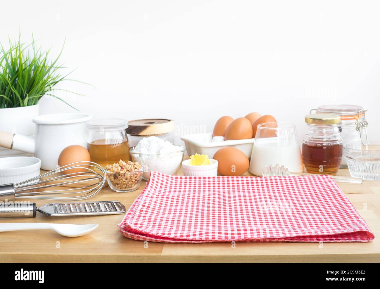 Selective focus.Cooking breakfast food or bakery with ingredient and copy space of tablecloth.For background product display.healthy eating Stock Photo