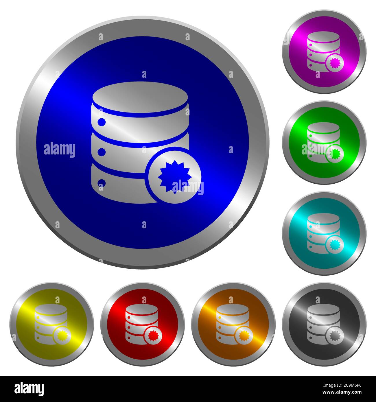 Certified database icons on round luminous coin-like color steel ...