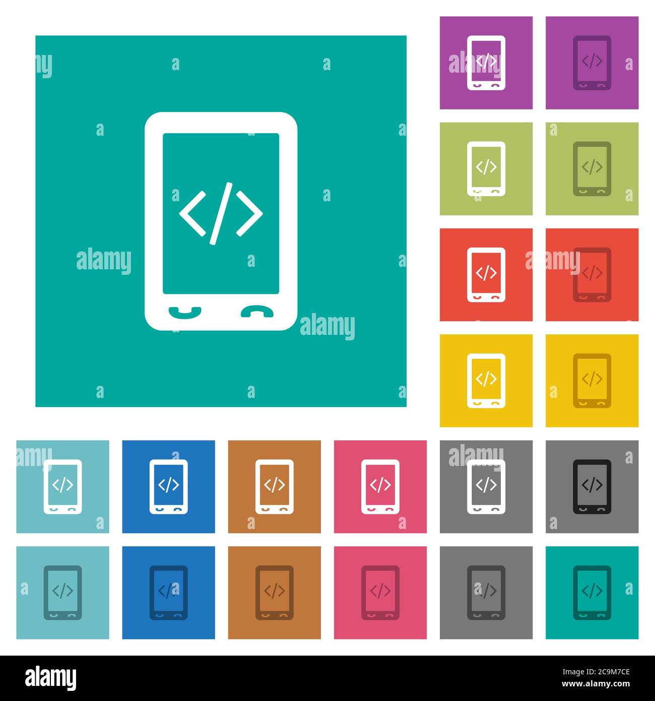 Mobile scripting multi colored flat icons on plain square backgrounds. Included white and darker icon variations for hover or active effects. Stock Vector