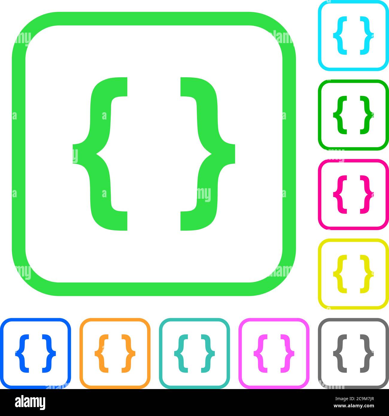Programming code vivid colored flat icons in curved borders on white ...