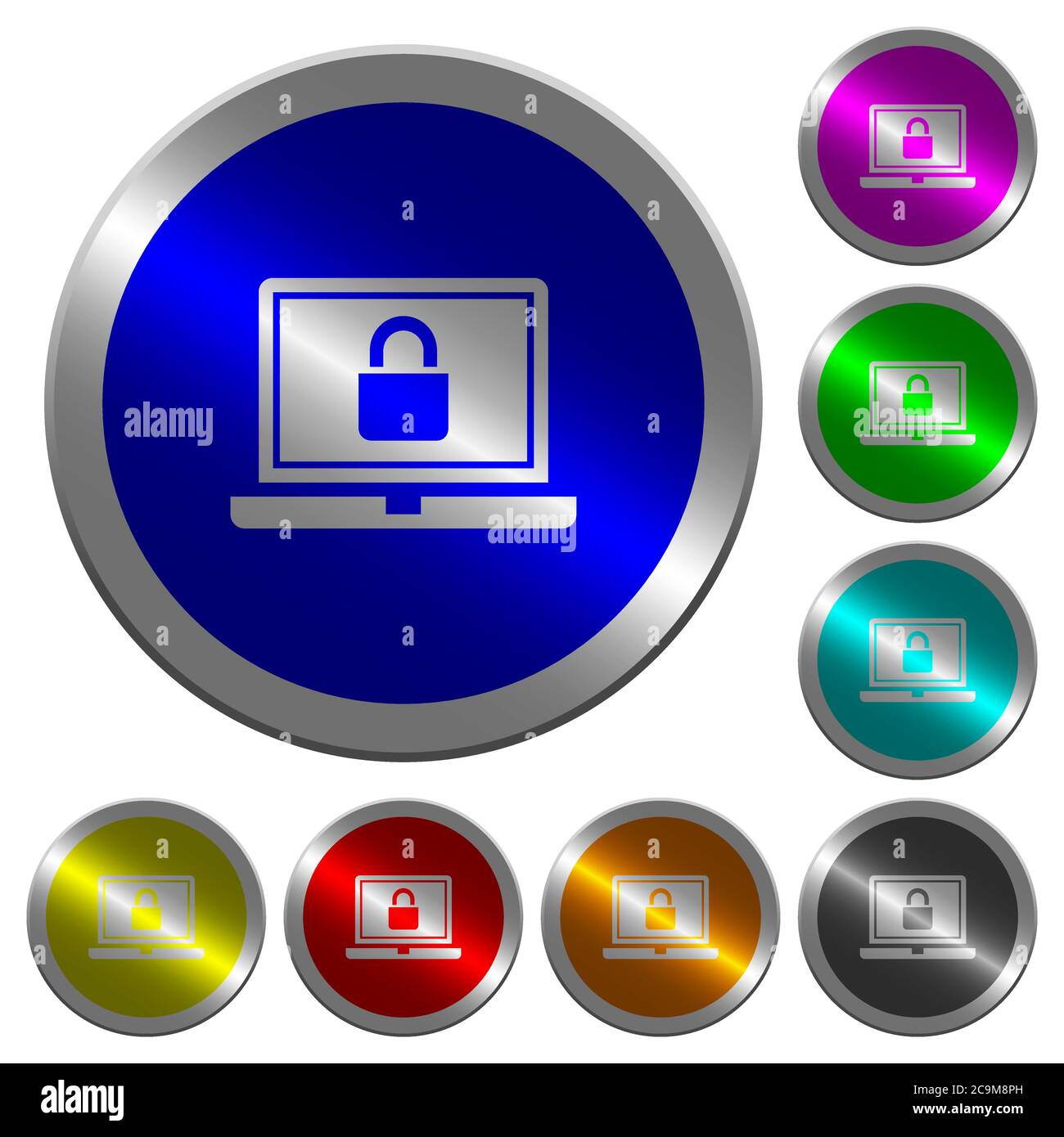 Locked laptop icons on round luminous coin-like color steel buttons ...