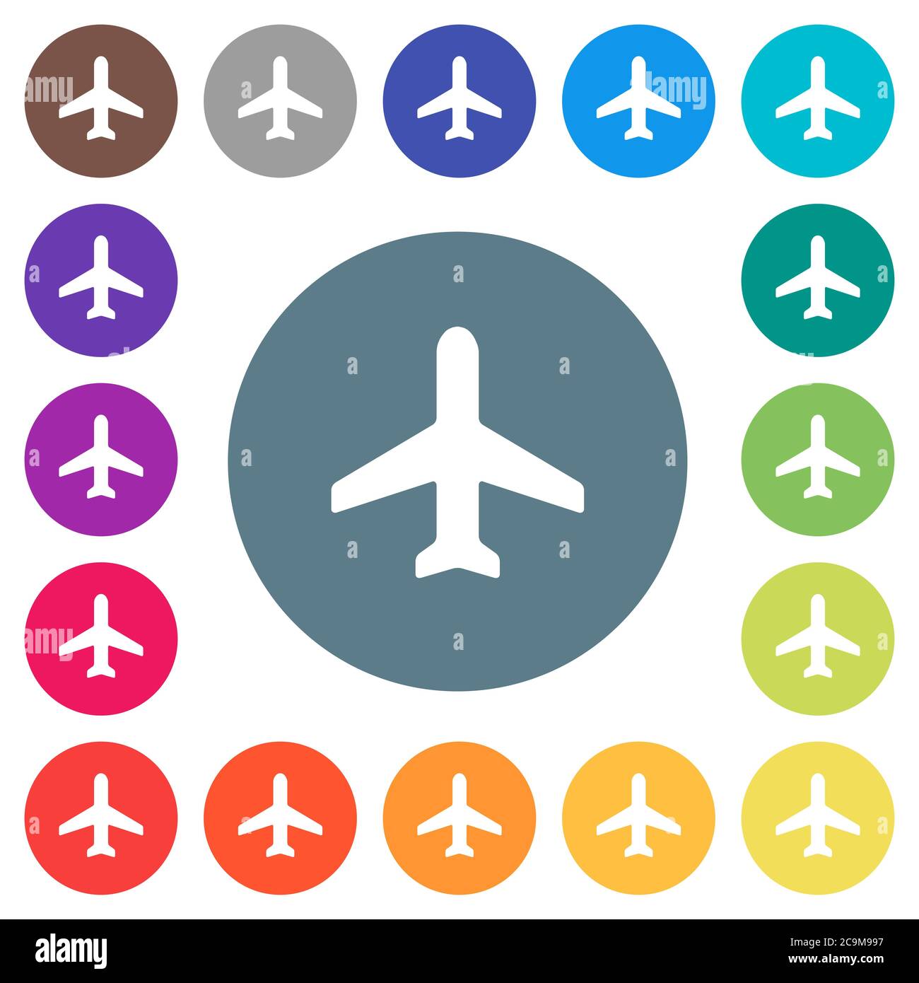 Airplane flat white icons on round color backgrounds. 17 background ...