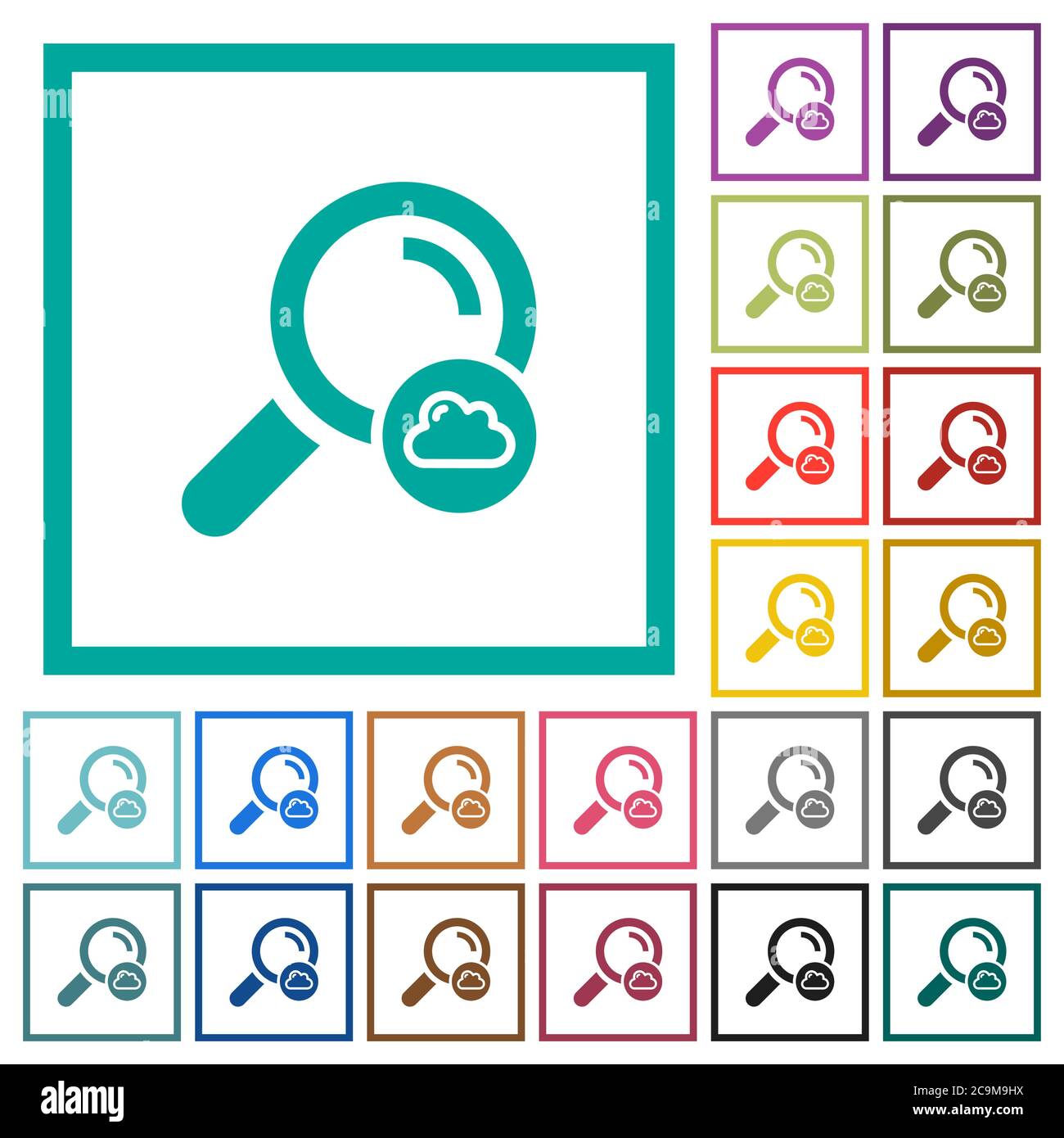 Cloud search flat color icons with quadrant frames on white background Stock Vector