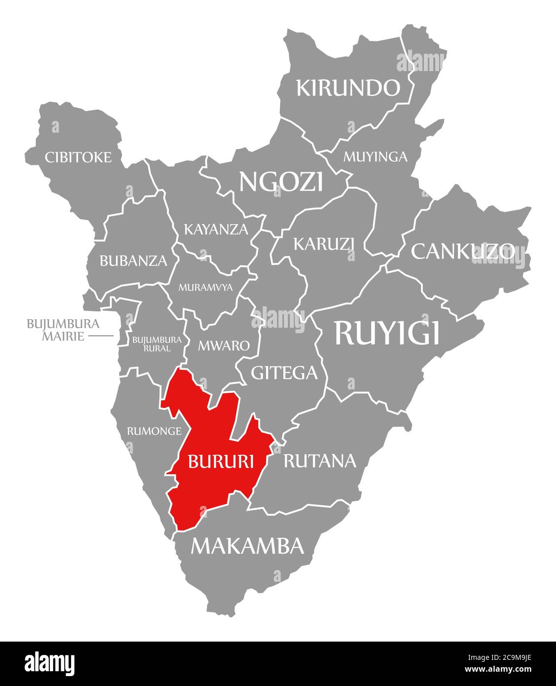 Bururi red highlighted in map of Burundi Stock Photo