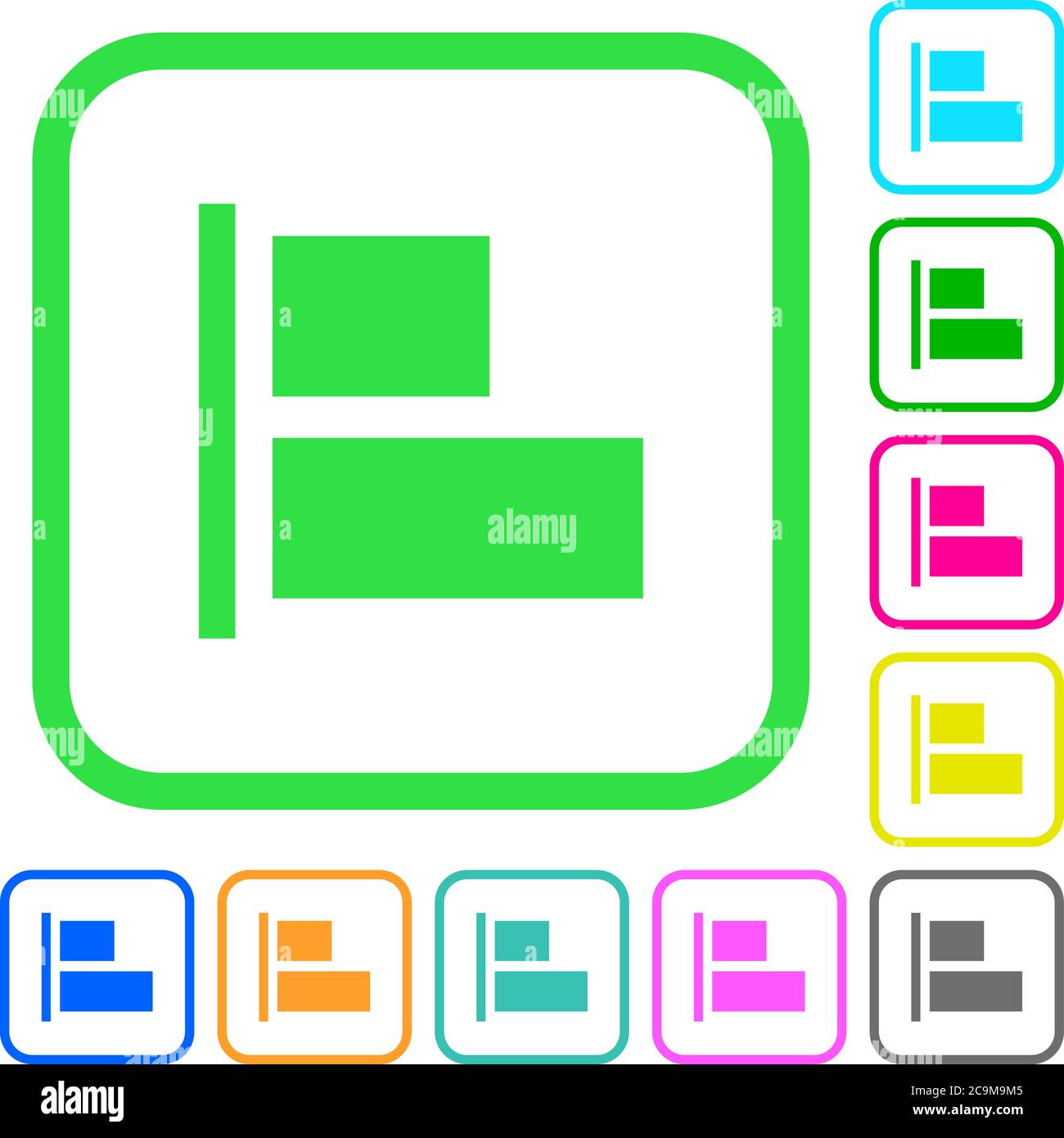 Align to left vivid colored flat icons in curved borders on white ...