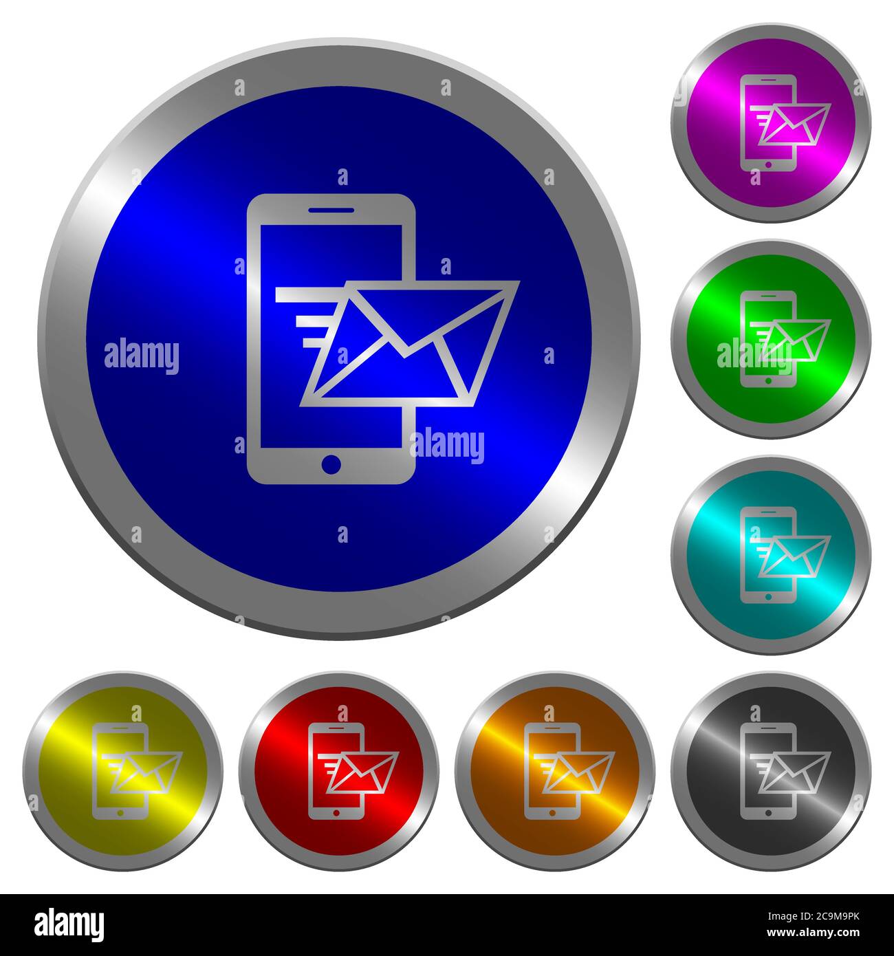 Sending email from mobile phone icons on round luminous coin-like color ...