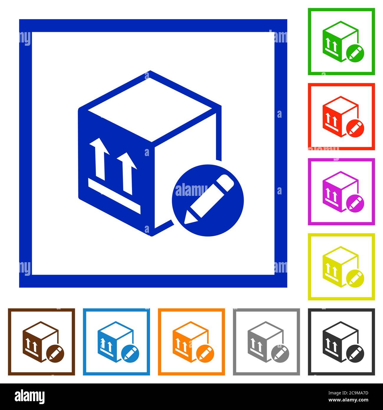 Package edit flat color icons in square frames on white background Stock Vector