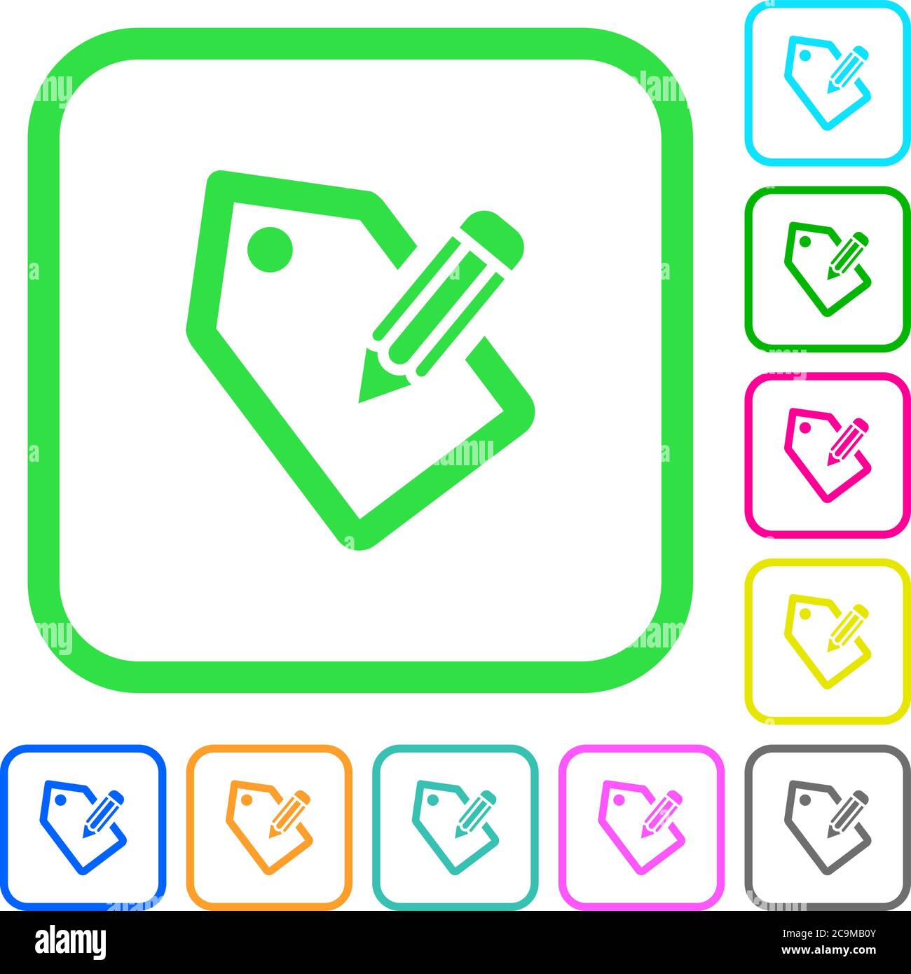 Tagging with pencil vivid colored flat icons in curved borders on white ...