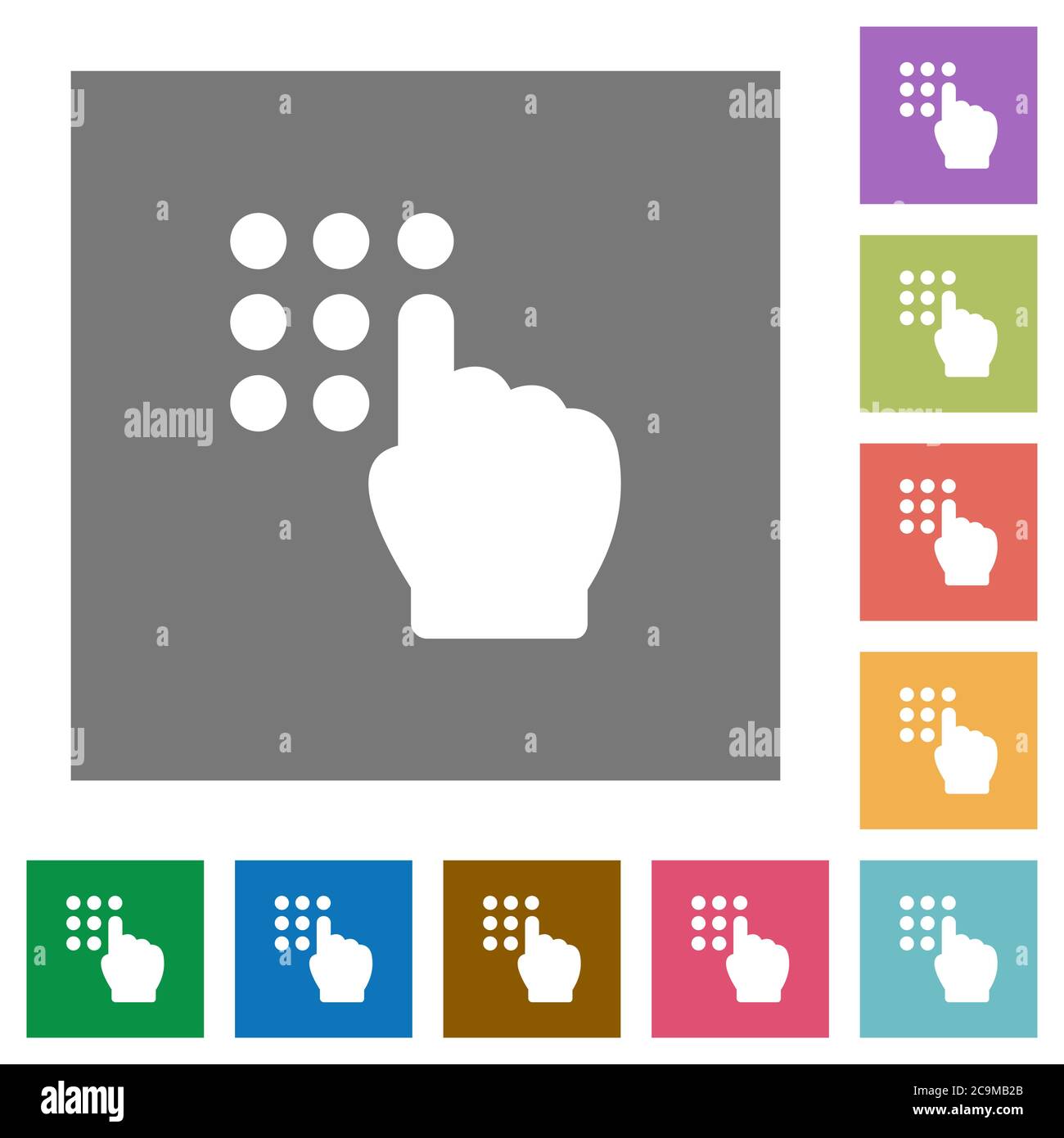 Typing security code flat icons on simple color square backgrounds Stock Vector