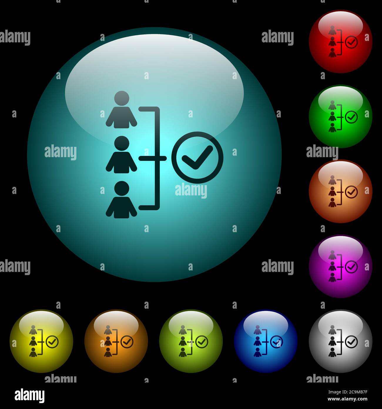 Successful teamwork icons in color illuminated spherical glass buttons ...