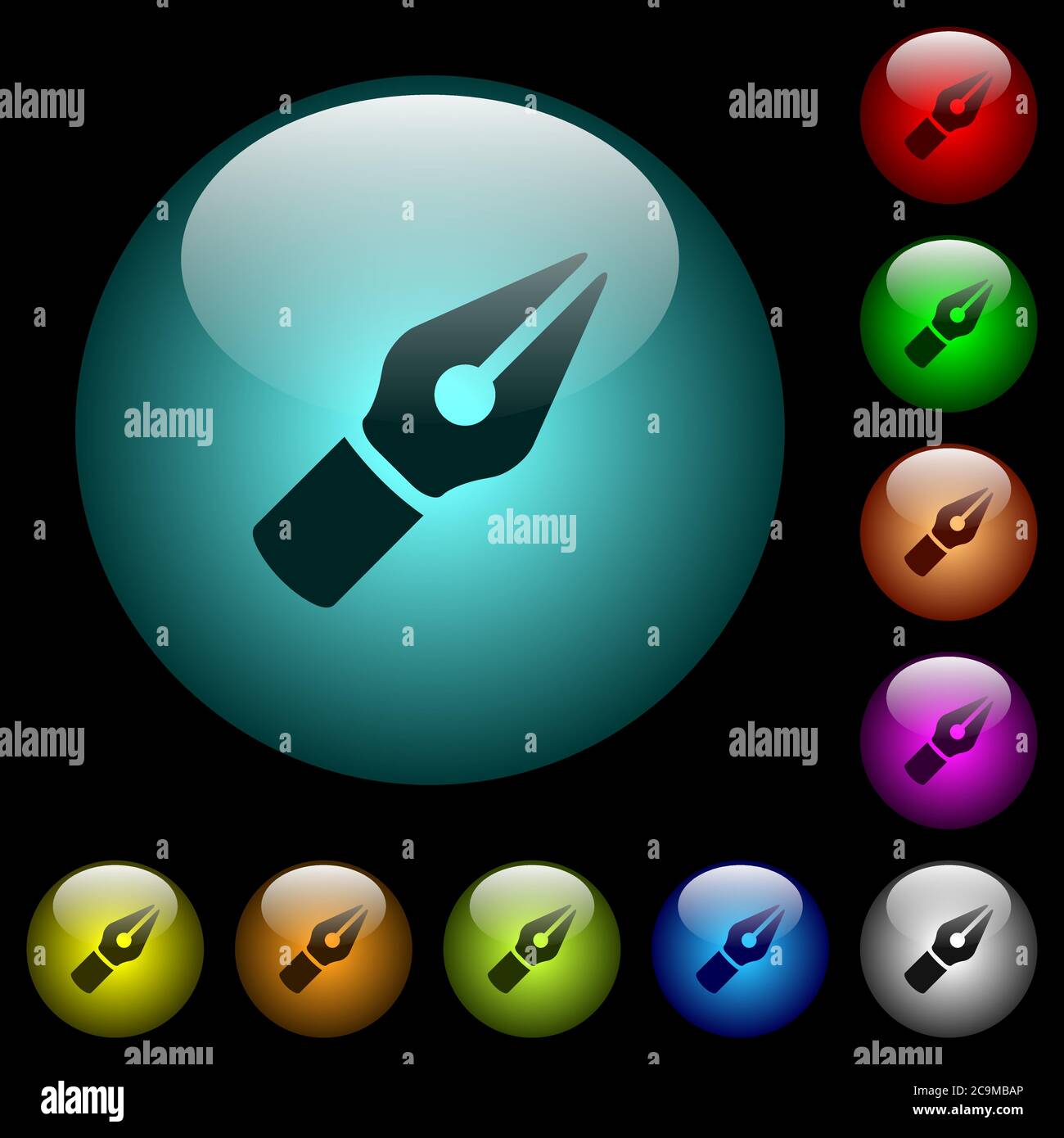 Vector pen icons in color illuminated spherical glass buttons on black ...