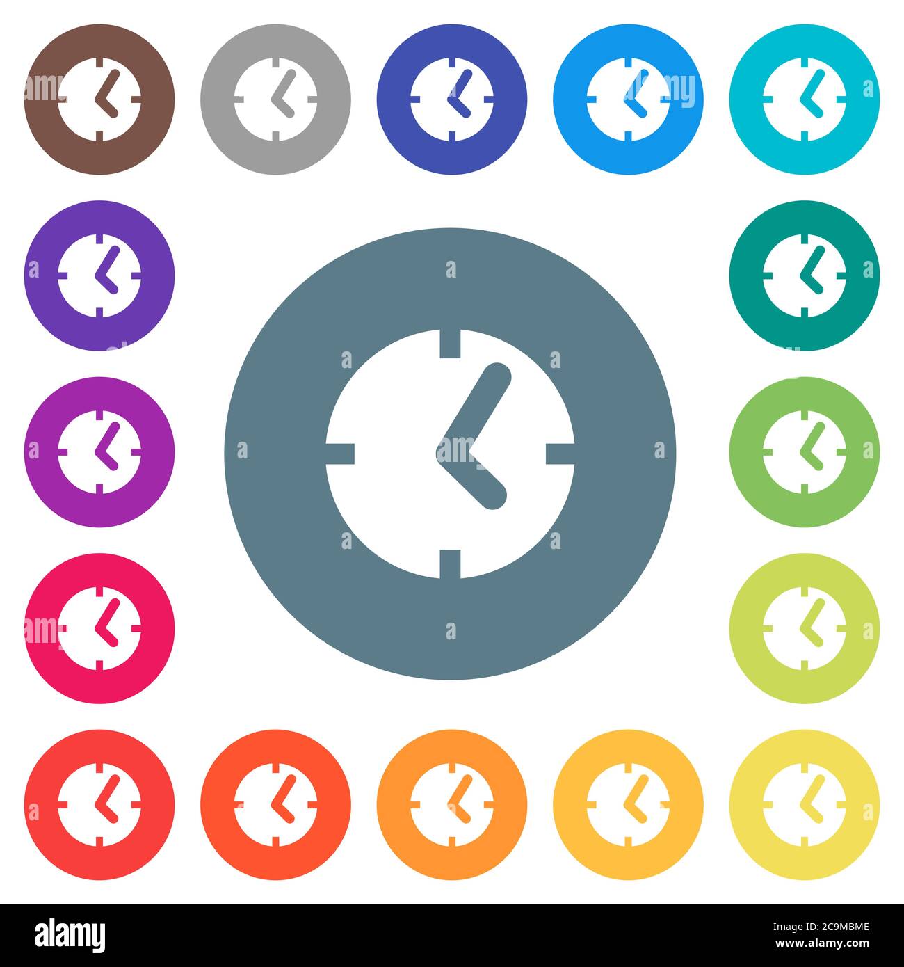Clock flat white icons on round color backgrounds. 17 background color ...