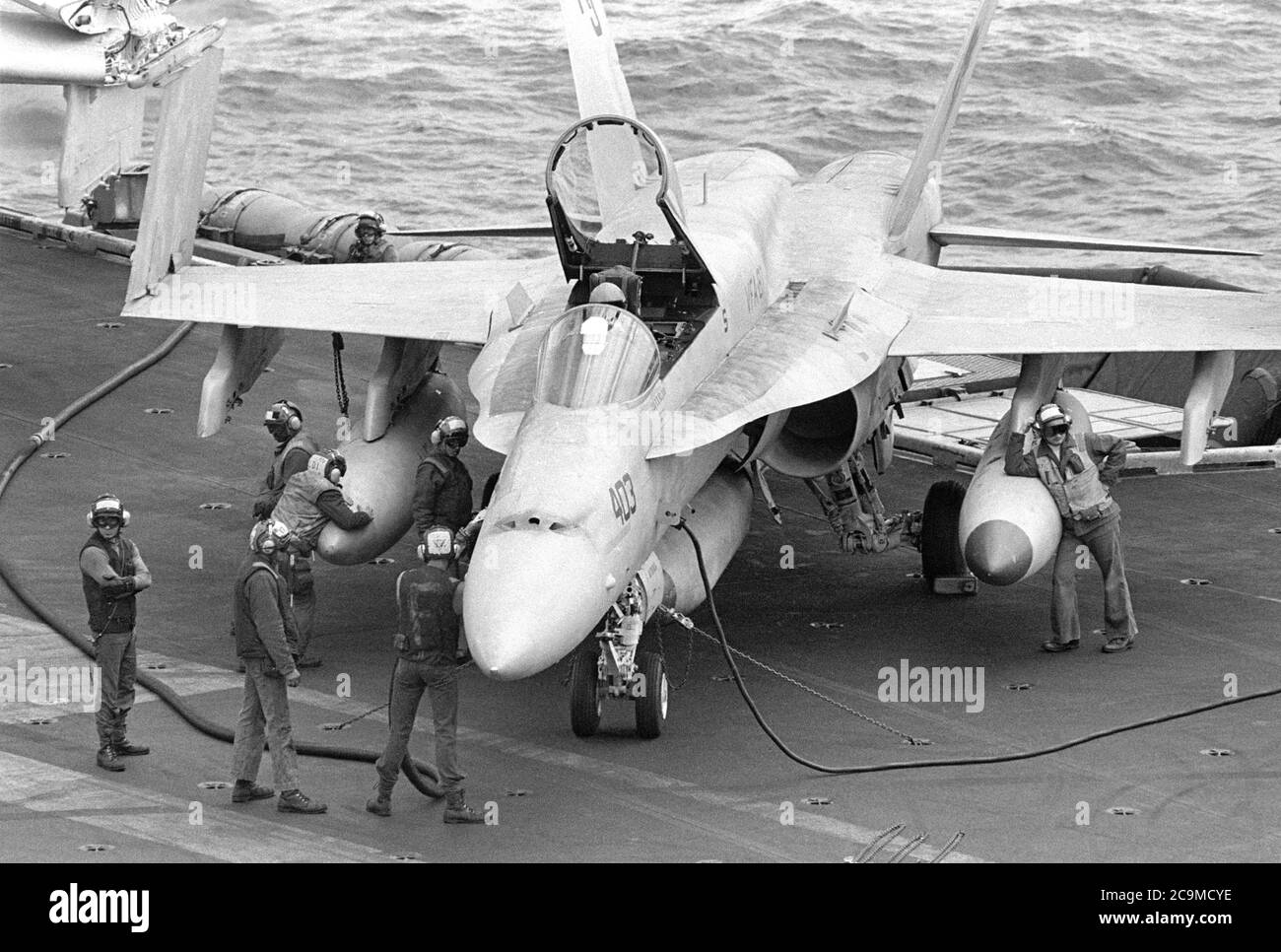 F 18 "Hornet" fighter-bomber aircraft on Roosevelt aircraft carrier  navigating in Mediterranean Sea (April 1989) Stock Photo